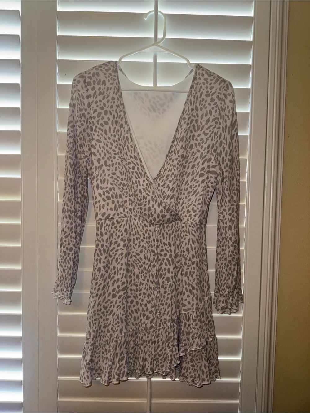 Altar'd State Taupe and White Animal Print V-Neck Tiered Mini Dress